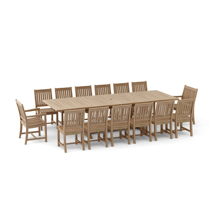 Wooden outdoor dining set with a large table and multiple chairs on a white background