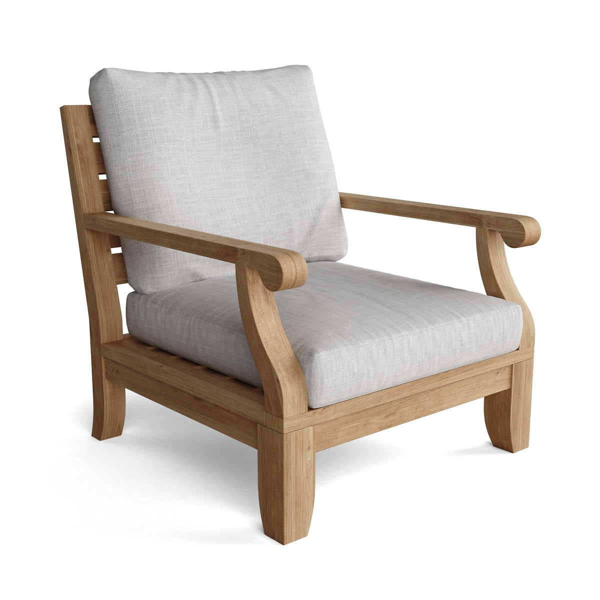 Wooden armchair with light gray cushions on a white background