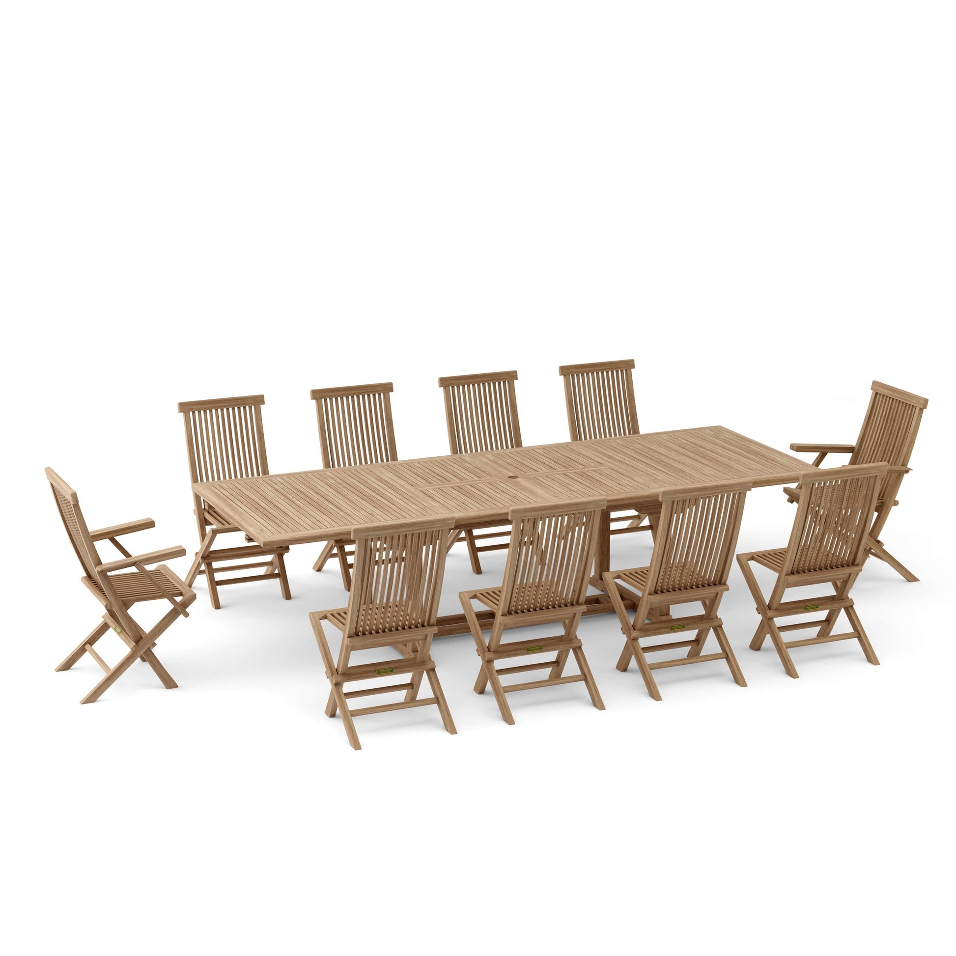 Wooden outdoor dining set with table and chairs on a white background
