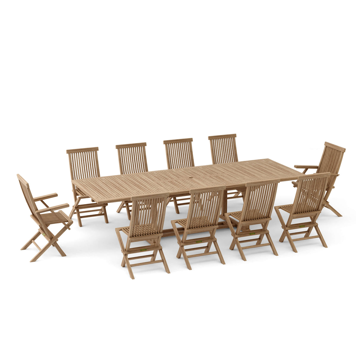 Wooden outdoor dining set with table and chairs on a white background