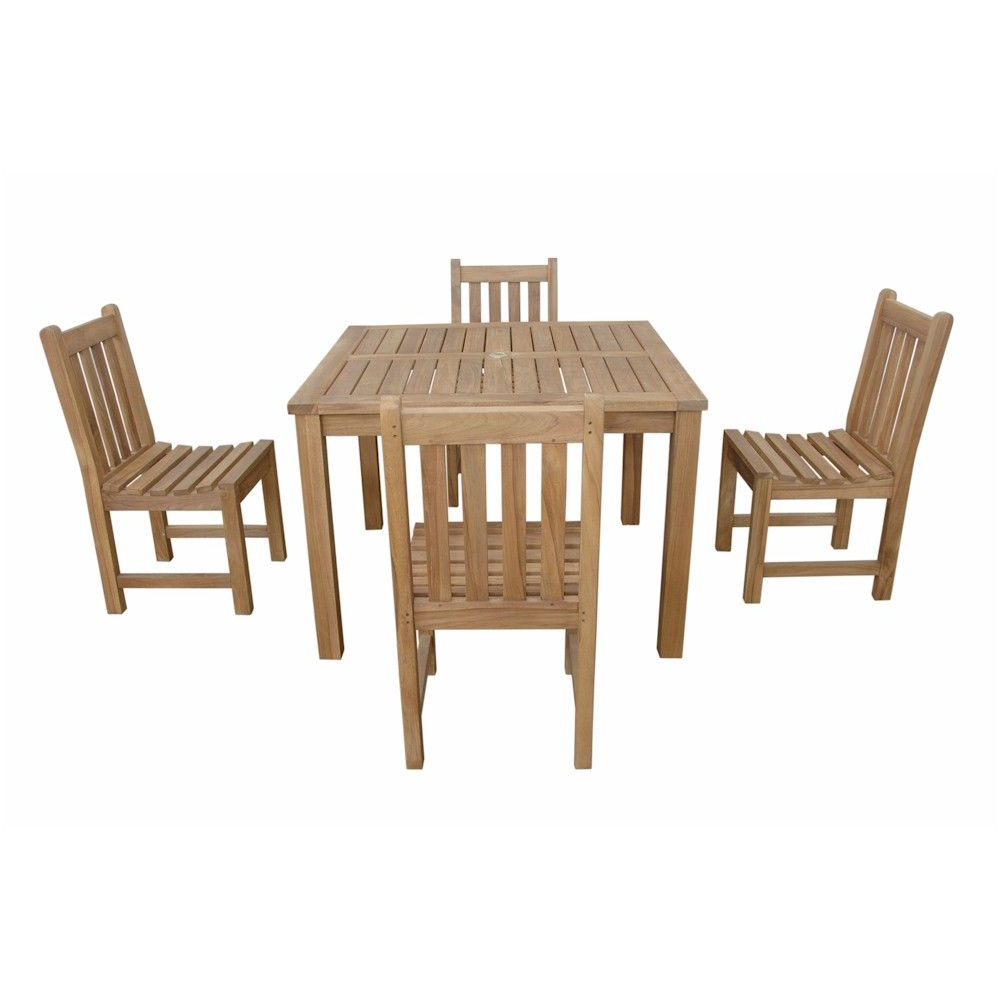 Wooden dining set with a table and four chairs on a white background