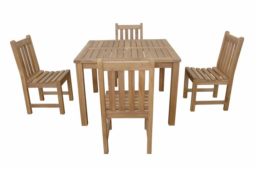 Wooden dining set with a table and four chairs on a white background