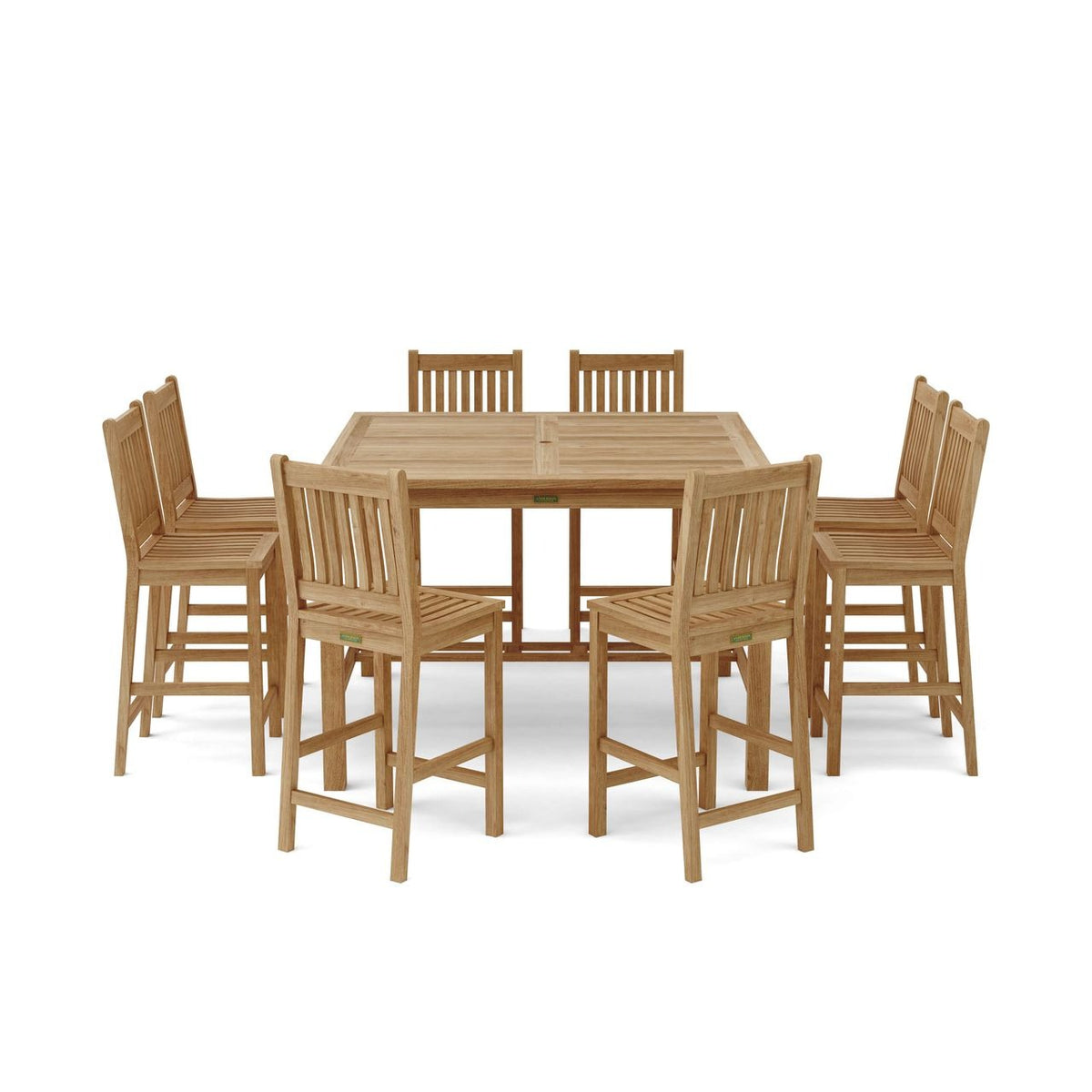 Wooden outdoor dining set with a square table and six chairs on a white background