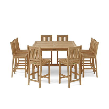 Wooden outdoor dining set with a square table and six chairs on a white background