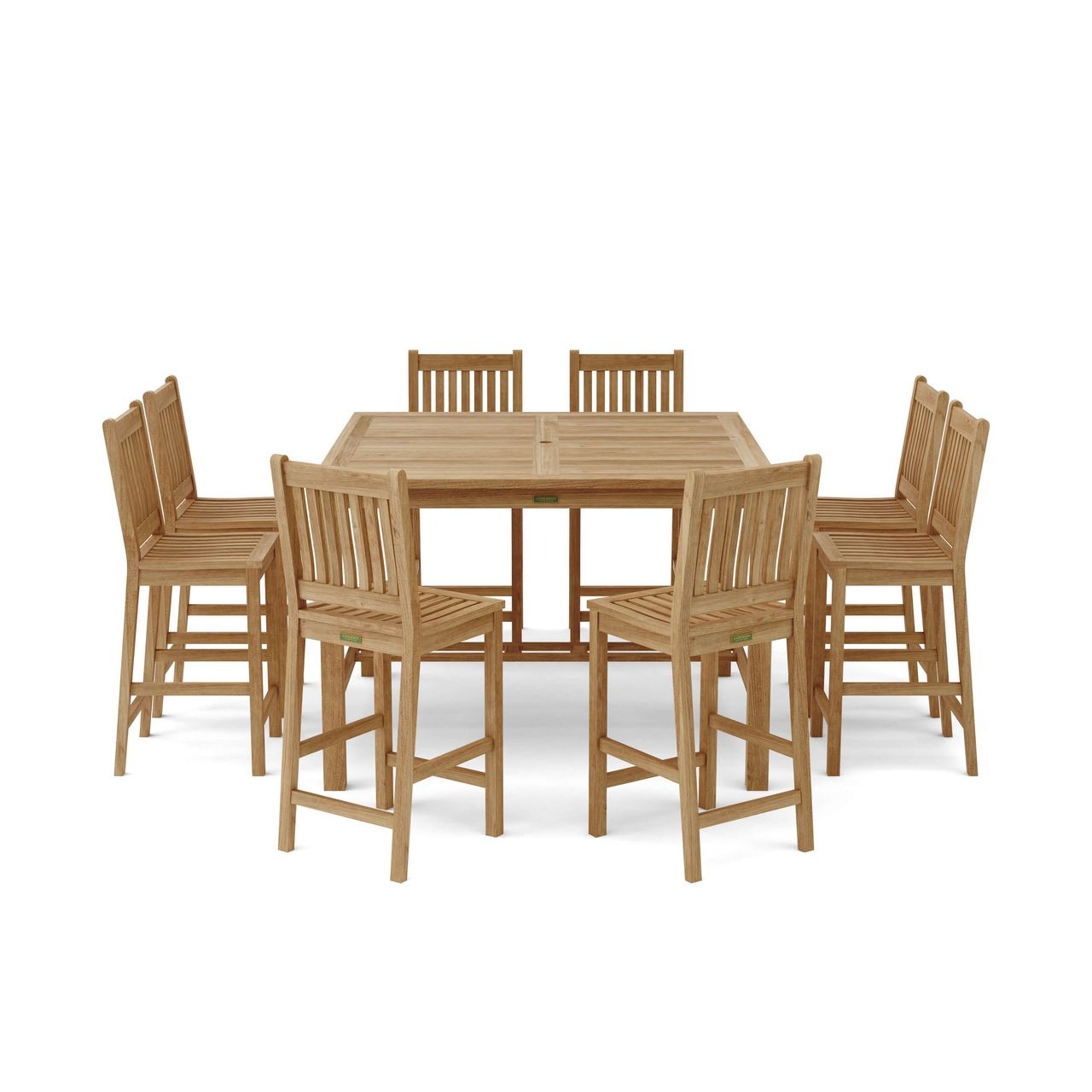 Wooden outdoor dining set with a square table and six chairs on a white background