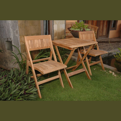 Wooden outdoor furniture set with table and chairs on a grassy area.
