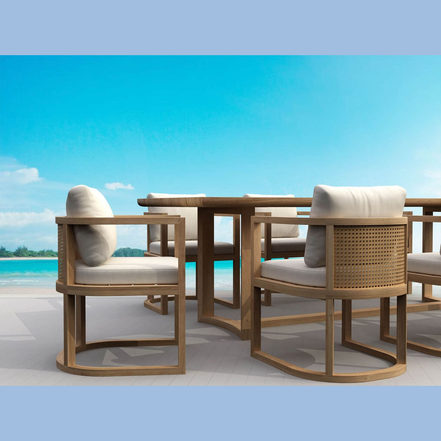 Outdoor furniture set with wooden chairs and table against a clear blue sky.