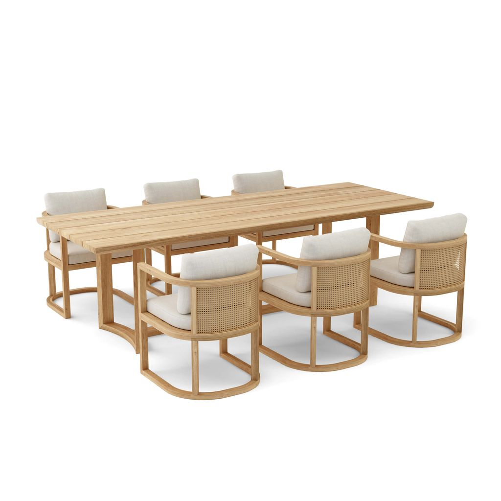 Wooden outdoor dining table with matching chairs on a white background