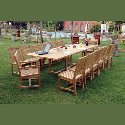 Outdoor wooden dining set with chairs on a grassy area near a pool.