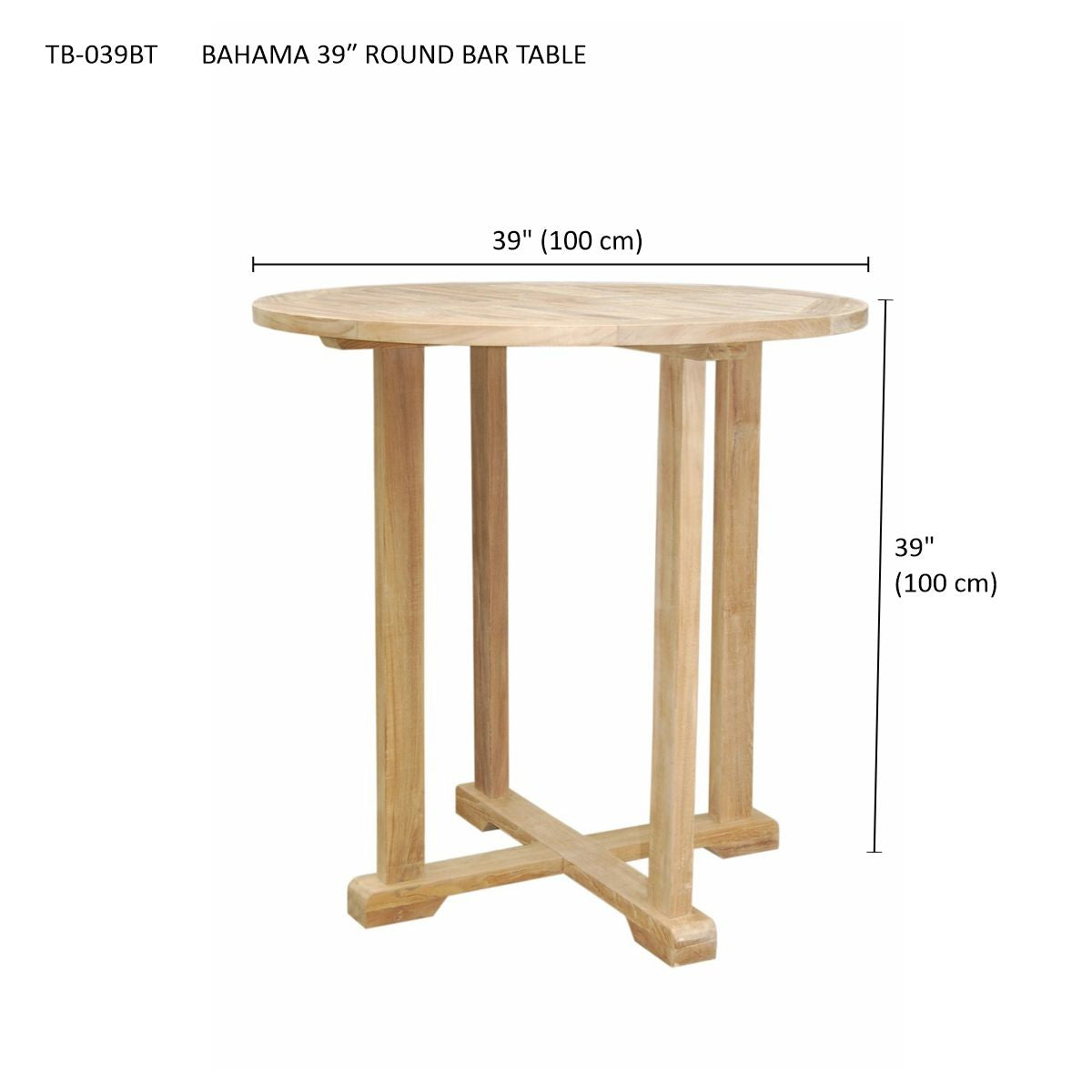 Wooden round bar table with dimensions on a white background