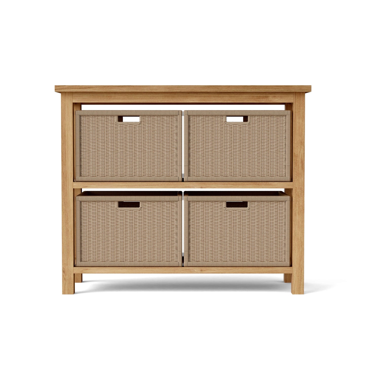 Wooden cabinet with four woven basket drawers on a white background
