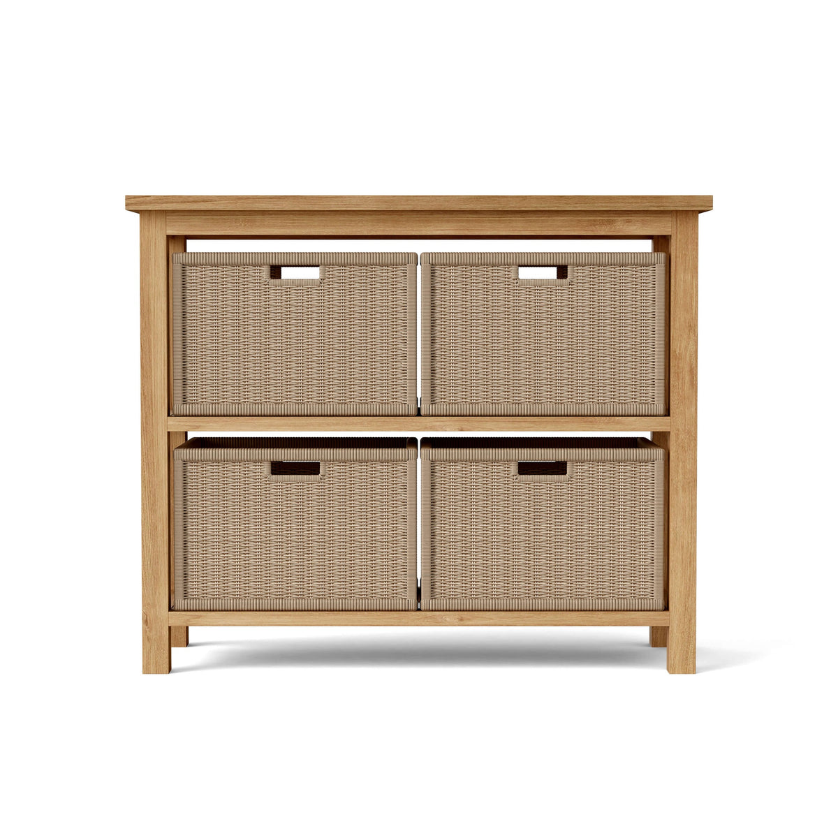 Wooden cabinet with four woven basket drawers on a white background