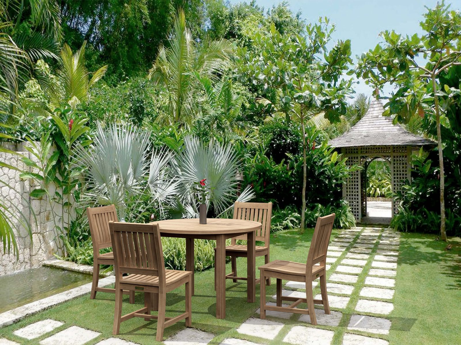 Wooden outdoor dining set with chairs and a table in a lush garden setting.