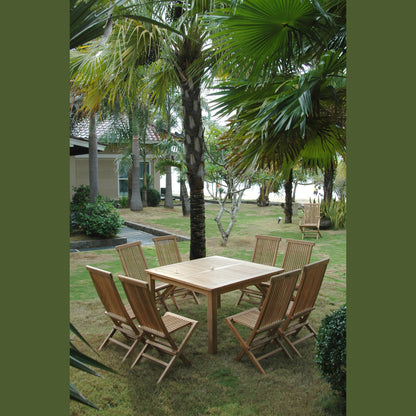 Wooden outdoor dining set with chairs on a grassy area with palm trees.