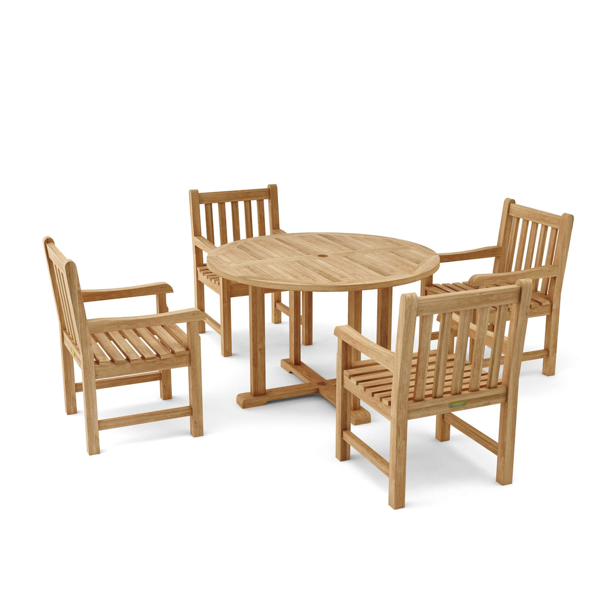 Wooden outdoor table with four matching chairs on a white background