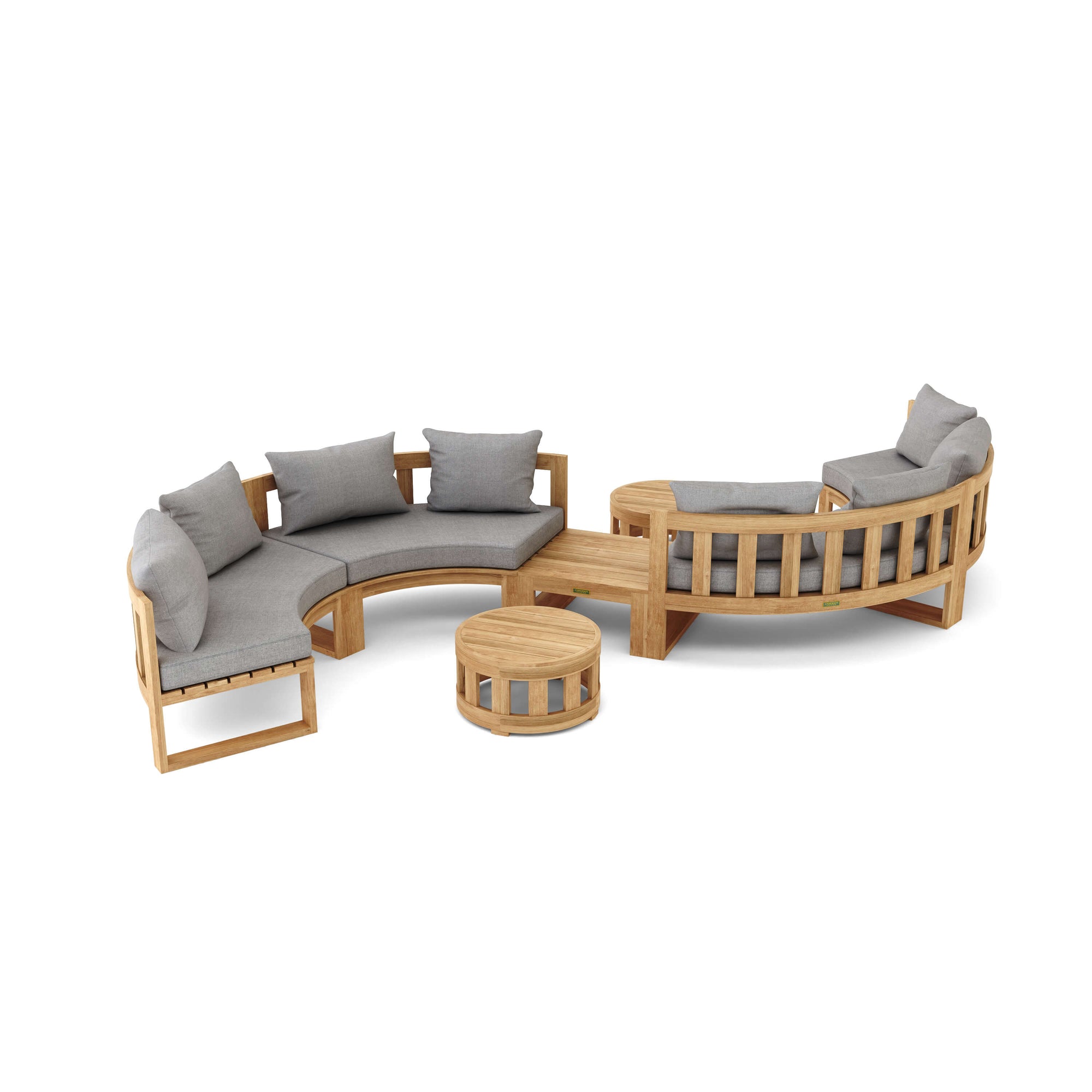Wooden outdoor furniture set with curved sofa and matching chairs on a white background