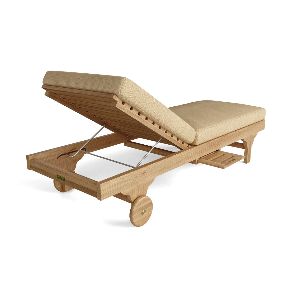 Wooden lounge chair with beige cushion on a white background