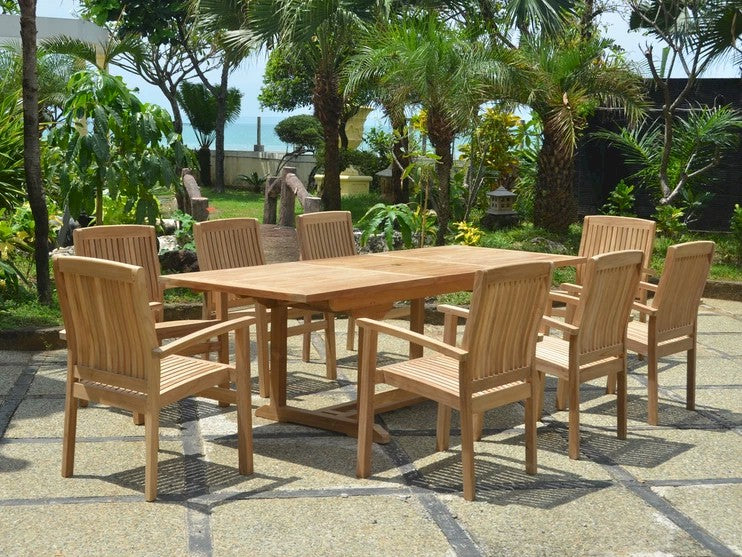 Wooden outdoor dining set with chairs on a patio