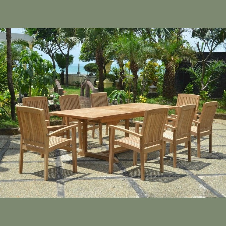 Wooden outdoor dining set with chairs on a patio