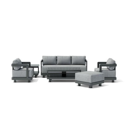 Gray outdoor furniture set with sofa, chairs, and ottoman on a white background