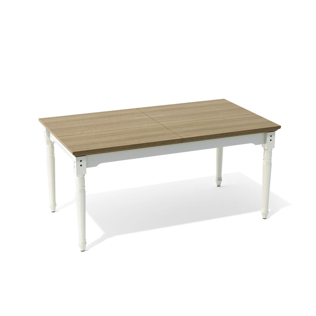 Wooden table with white legs on a white background
