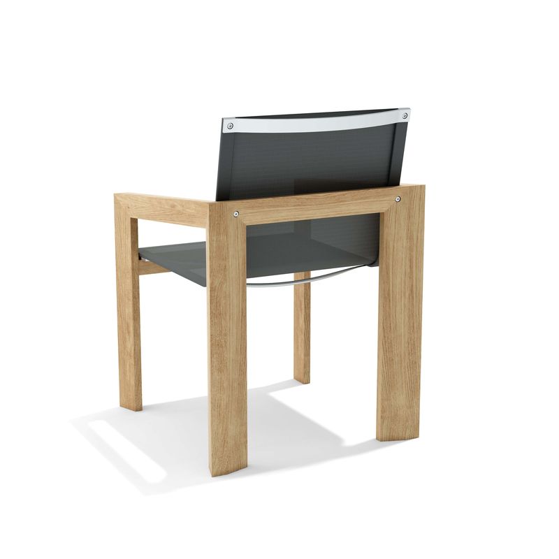 Modern chair with wooden frame and black seat on a white background