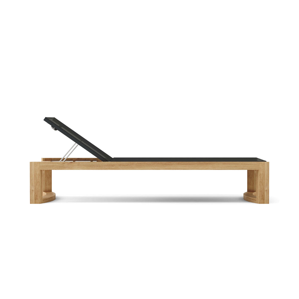 Wooden sun lounger with black cushion on a white background