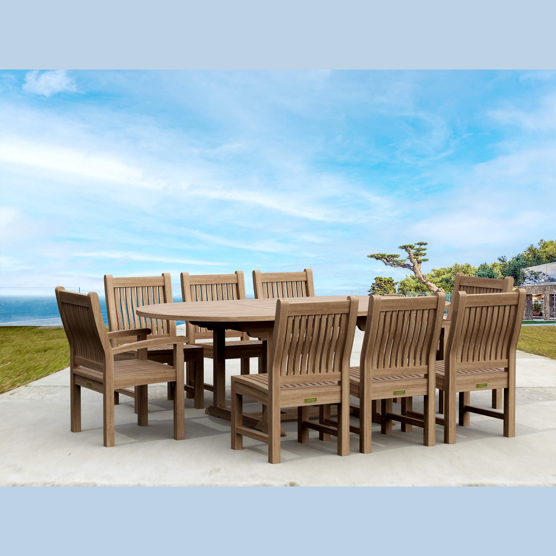 Wooden outdoor dining set with eight chairs on a patio overlooking a scenic view.