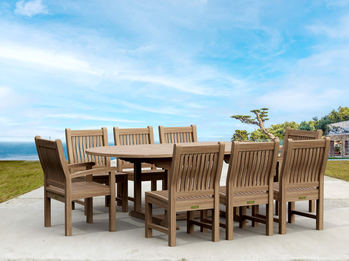 Wooden outdoor dining set with eight chairs on a patio overlooking a scenic view.