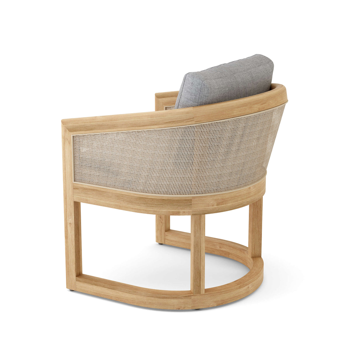 Wooden armchair with woven backrest and gray cushion on a white background