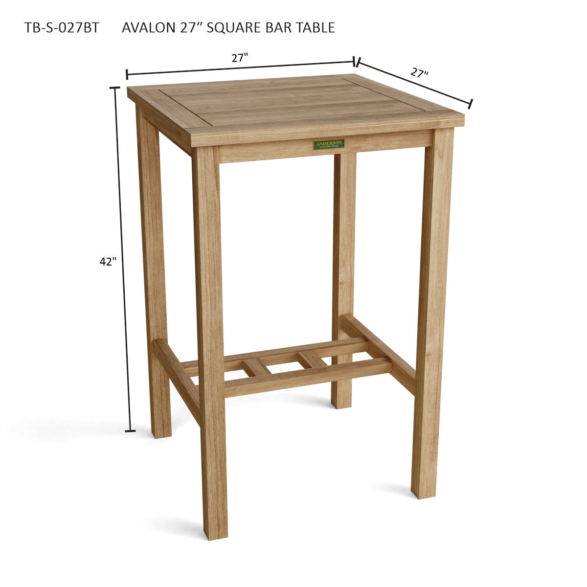 Wooden square bar table with dimensions on a white background