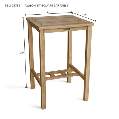 Wooden square bar table with dimensions on a white background