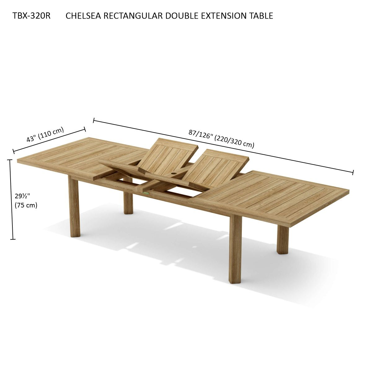 Wooden rectangular double extension table with dimensions on a white background