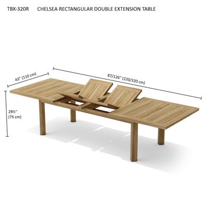 Wooden rectangular double extension table with dimensions on a white background