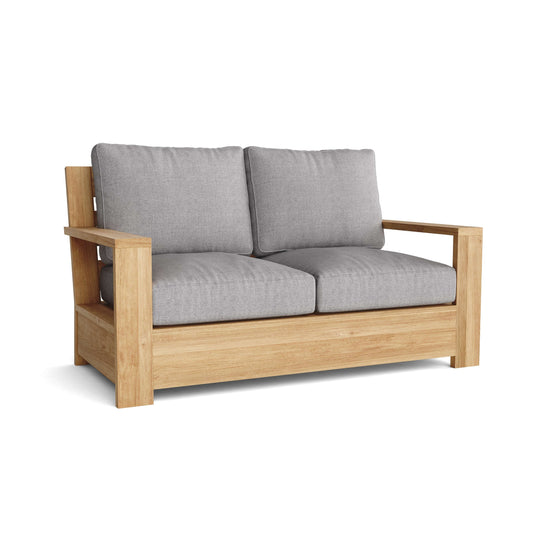 Wooden sofa with gray cushions on a white background
