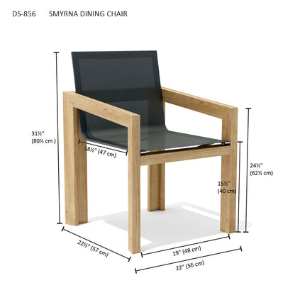 Smyrna dining chair with dimensions on a white background