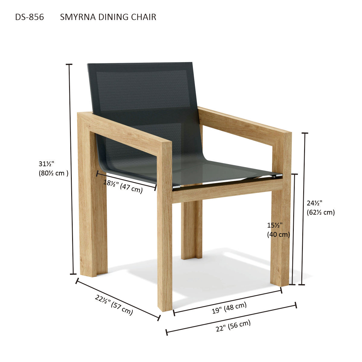 Smyrna dining chair with dimensions on a white background