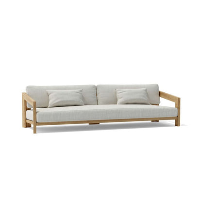 Sofa with wooden frame and light gray cushions on a white background
