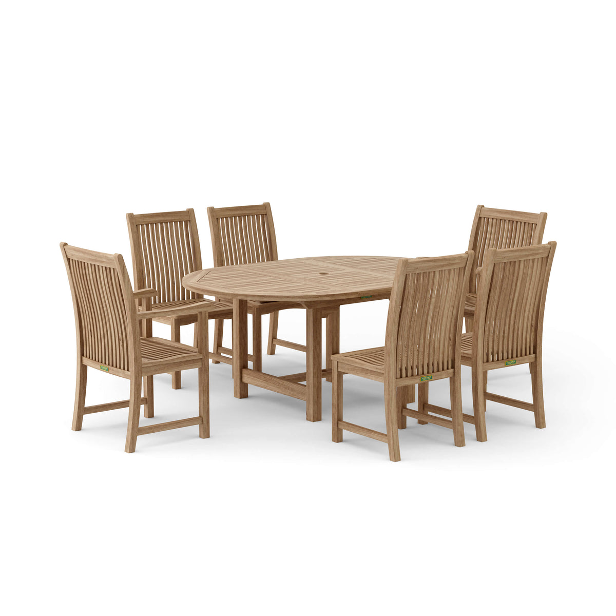Wooden outdoor dining set with a round table and four chairs on a white background
