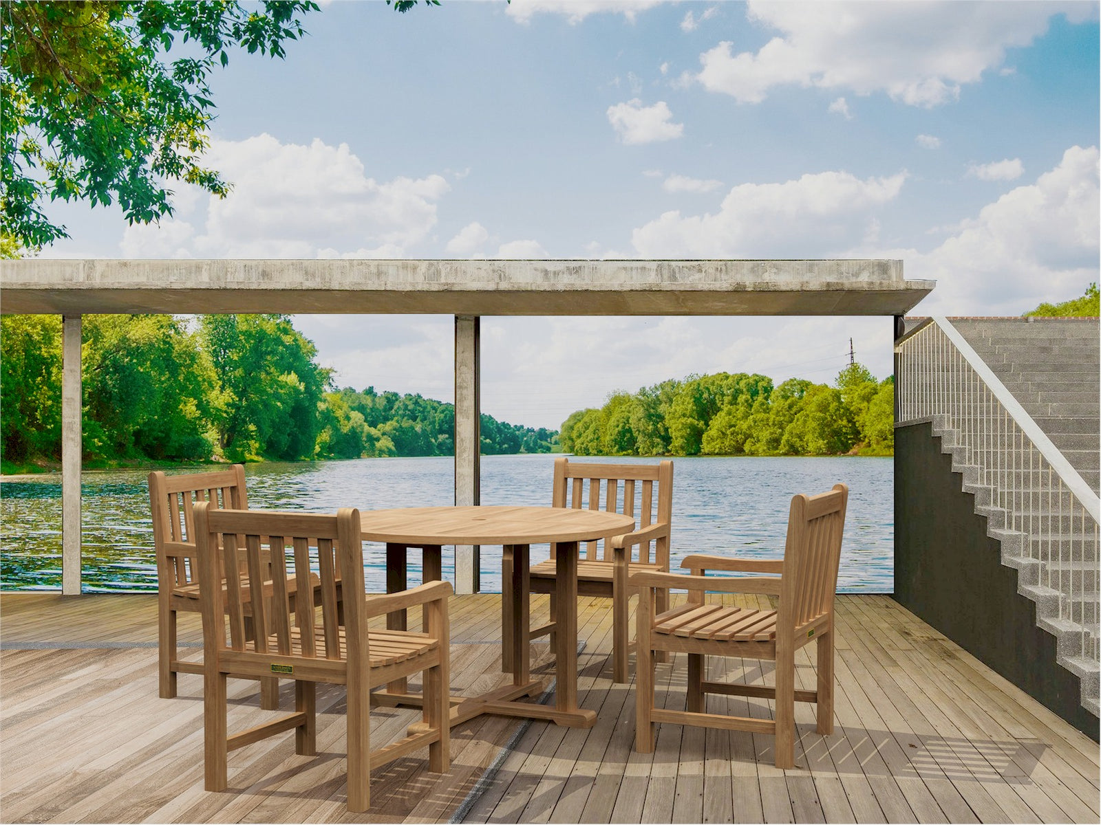 Wooden outdoor dining set on a deck with a view of a lake and trees.