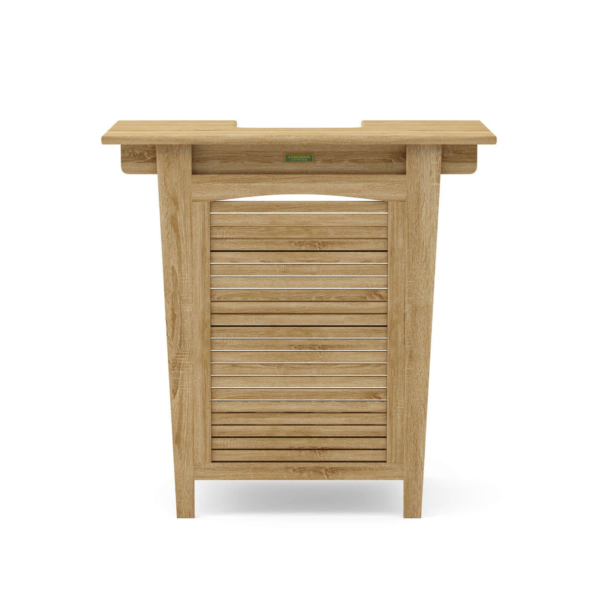 Wooden outdoor furniture piece with a slatted design on a white background