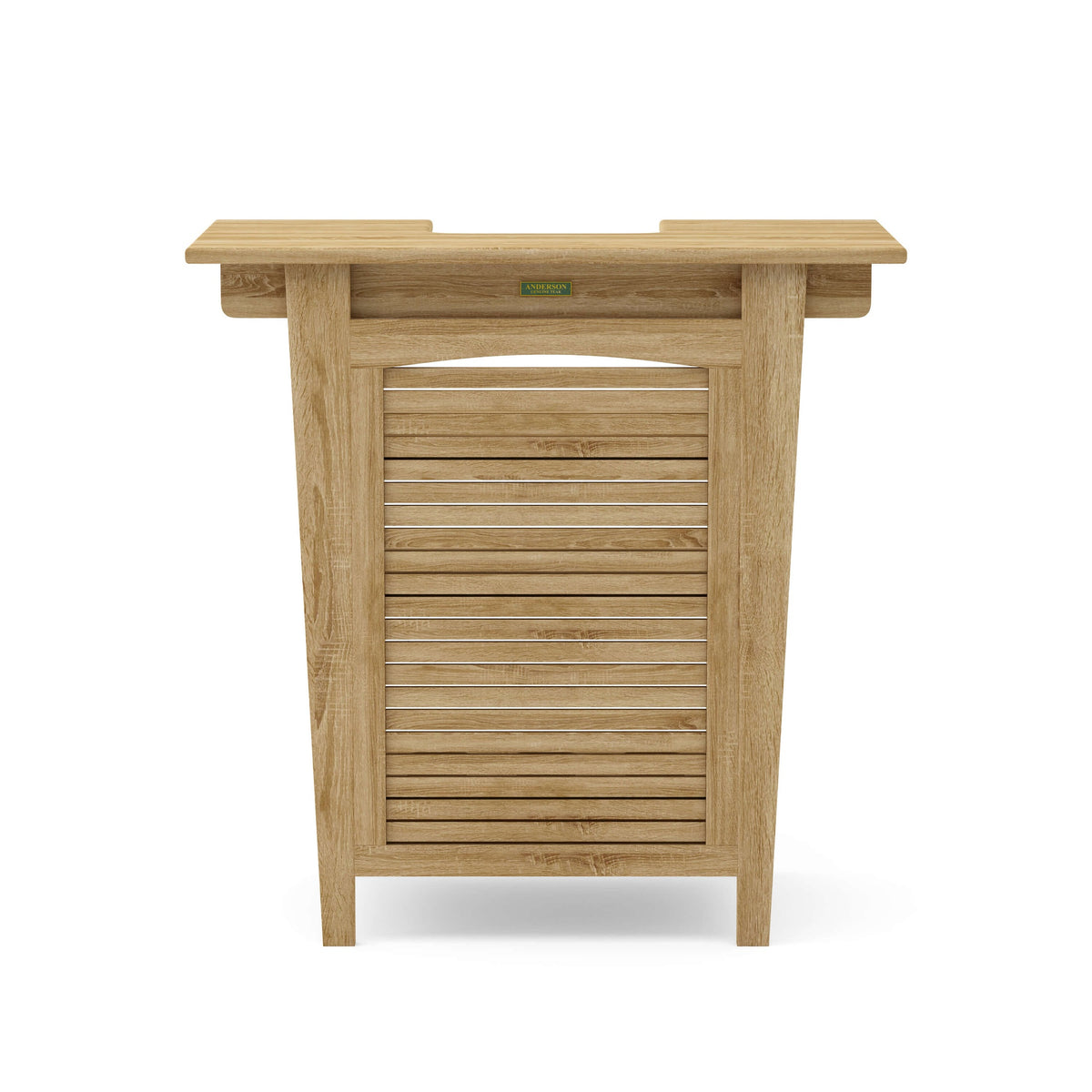 Wooden outdoor furniture piece with a slatted design on a white background