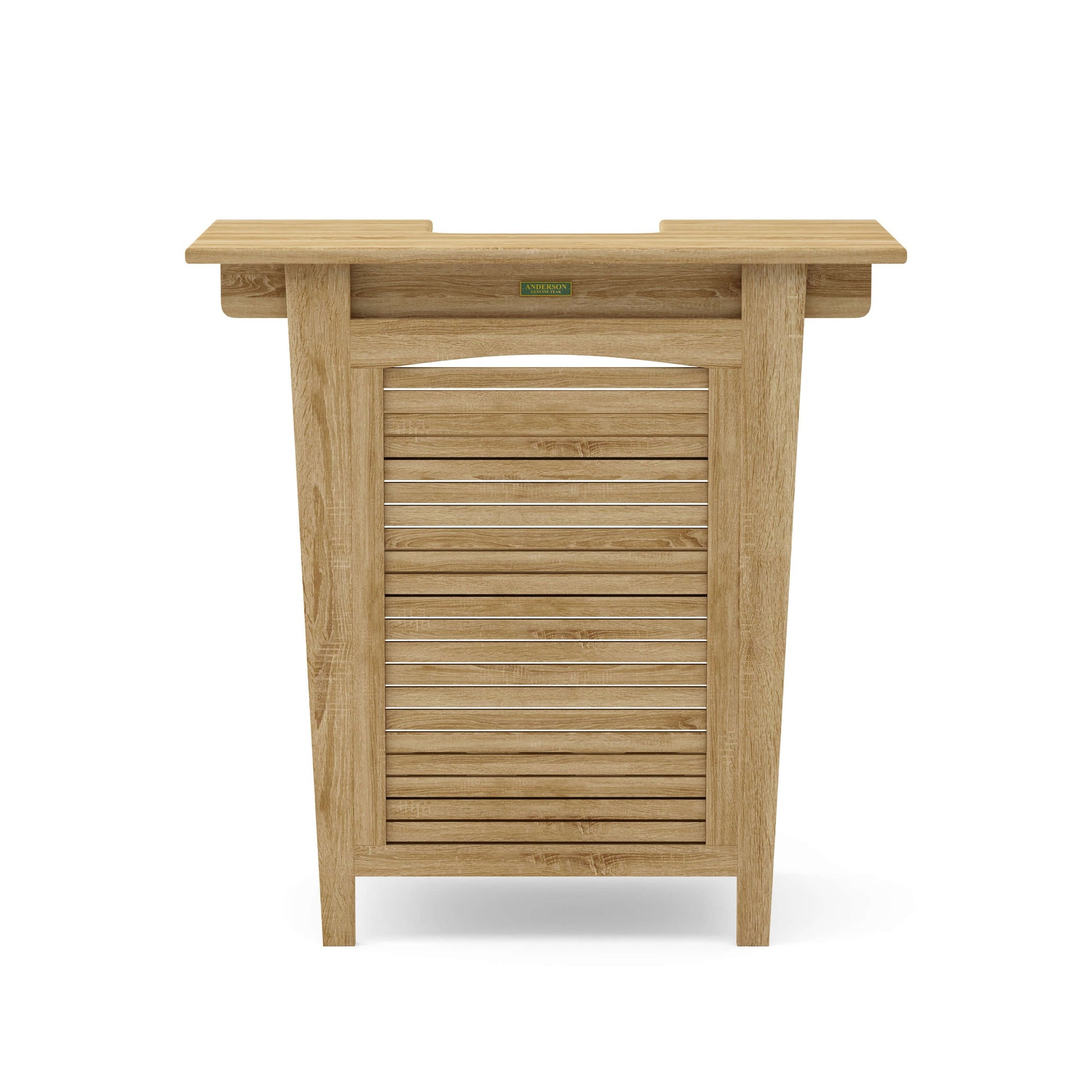 Wooden outdoor furniture piece with a slatted design on a white background