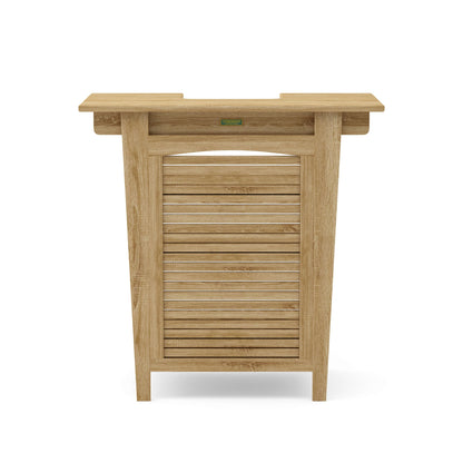 Wooden outdoor furniture piece with a slatted design on a white background