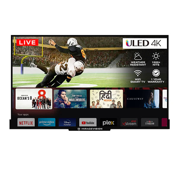 Smart TV displaying a sports game with app icons on the screen