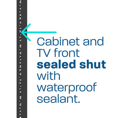 Text on a white background with a black cabinet and blue arrow pointing to it, indicating waterproof sealant.