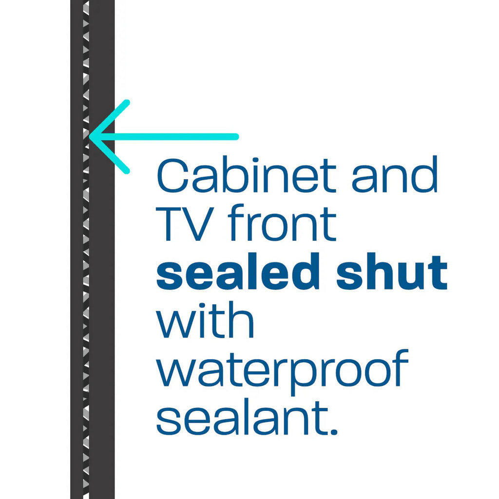 Text on a white background with a black cabinet and blue arrow pointing to it, indicating waterproof sealant.