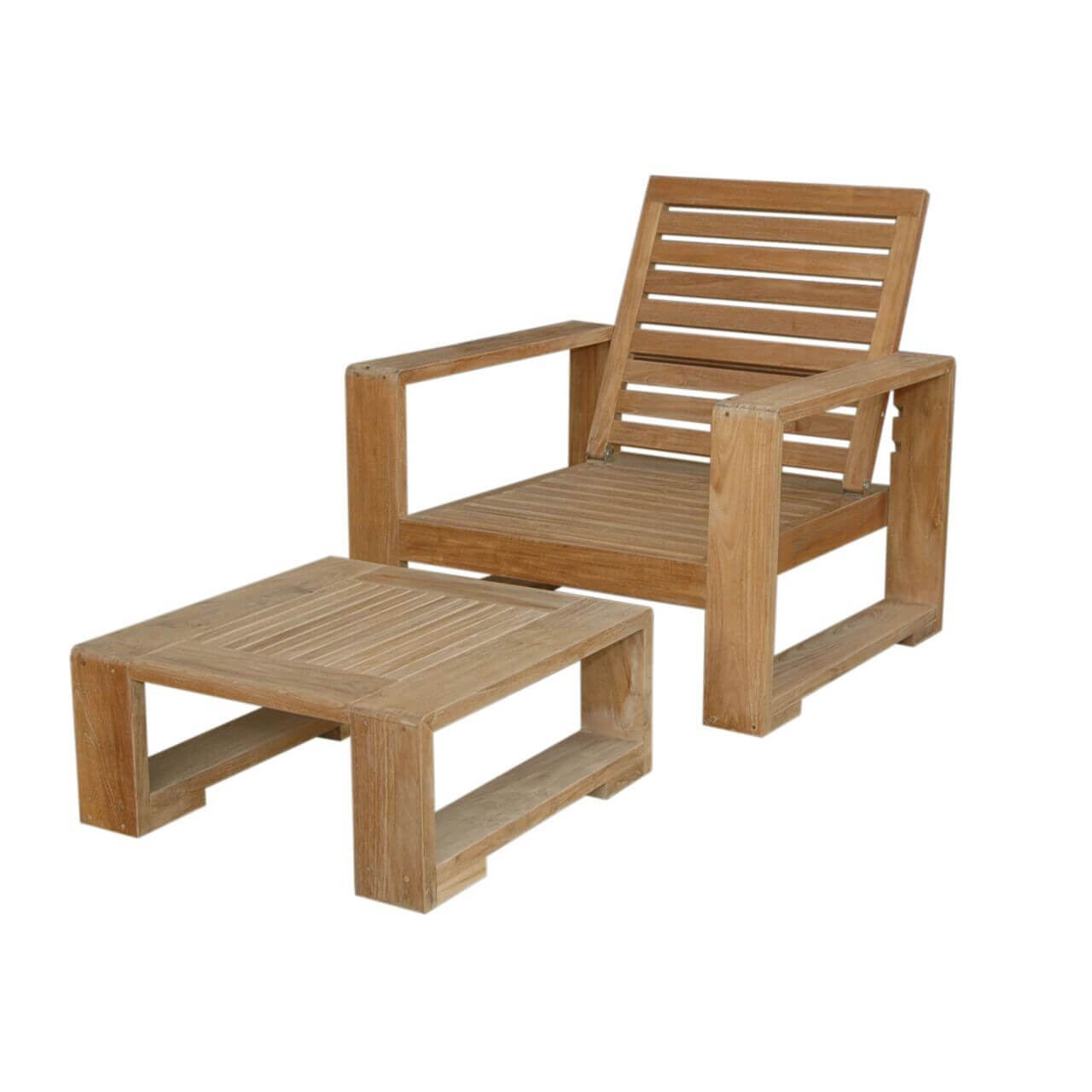 Wooden armchair with matching ottoman on a white background