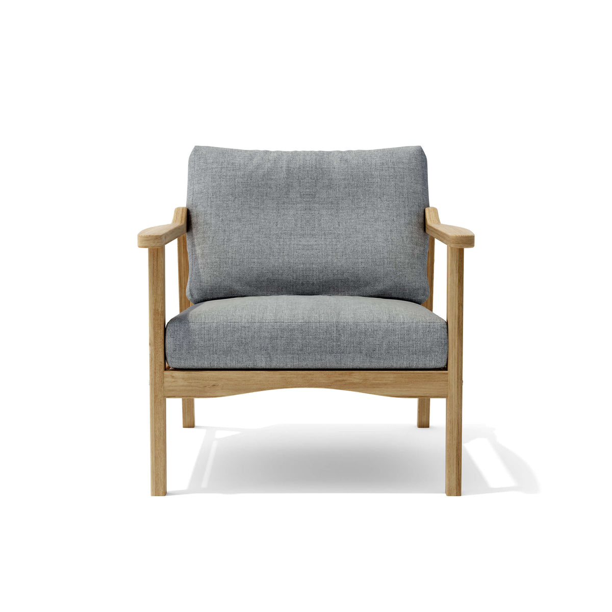 Gray cushioned armchair with wooden frame on a white background