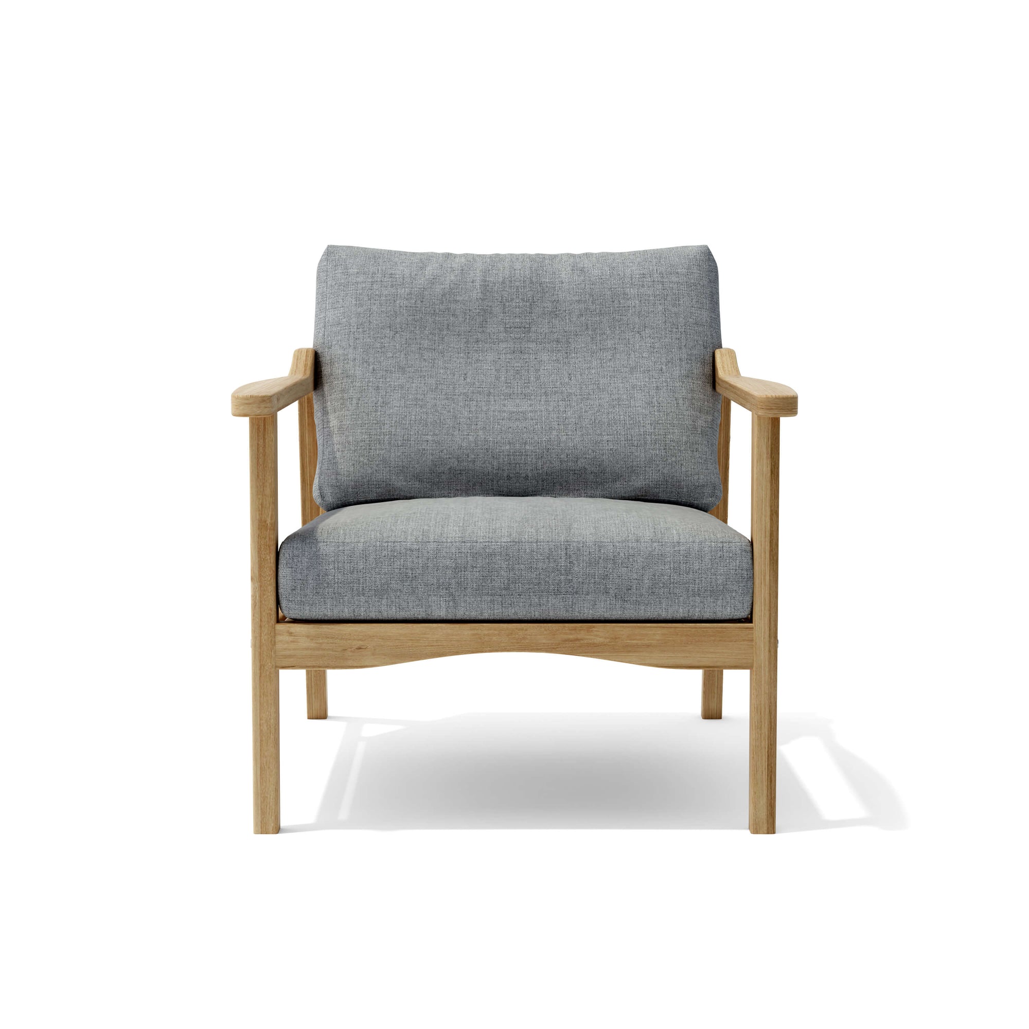 Gray cushioned armchair with wooden frame on a white background